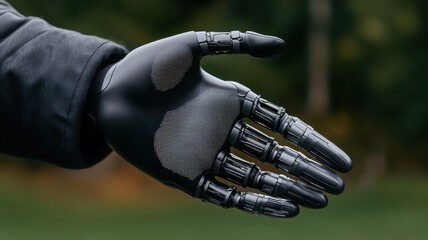 Technology, flexibility, movement and stability conA black, detailed glove designed for advanced functionality, showcasing intricate textures and a futuristic design, set against a natural background.