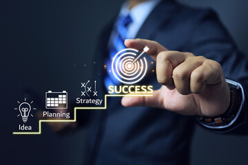 Businessman holds the word success with his hand to represent the steps of a process such as idea,...