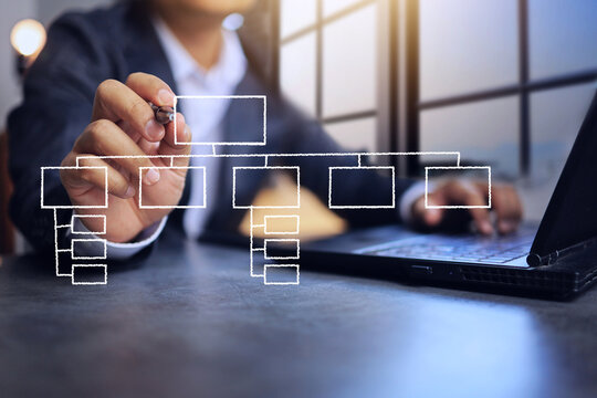 Businessman using pen to work breakdown structure define the scope of work, create system for estimating cost and quantity of materials used, organize data collection and reporting for executives