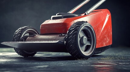 A red lawn mower sitting on a cement floor, ideal for an industrial or commercial setting