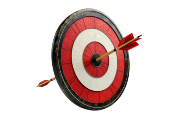 Dart hits red target bullseye with arrow Isolated on White and Transparent Background PNG Image.