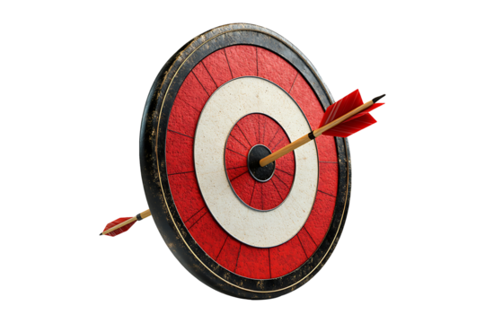 Dart hits red target bullseye with arrow Isolated on White and Transparent Background PNG Image.