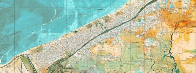 Detailed Topographic Map of Coastal City with River and Ocean Shoreline