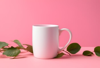Blank white mug mockup on pink background.