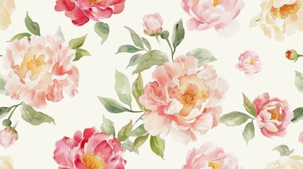 A seamless floral pattern with watercolor peonies, soft pastel leaves, and an elegant botanical frame.

