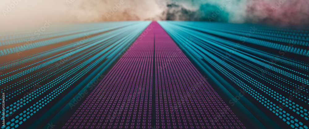 Poster abstract image of converging teal and purple light trails on dark background, creating a perspective