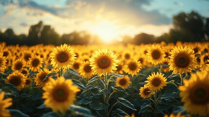 Fototapeta premium Sunlit sunflower field at sunset.