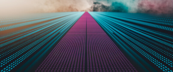 Abstract image of converging teal and purple light trails on dark background, creating a perspective effect, symbolizing digital speed, innovation, and data flow