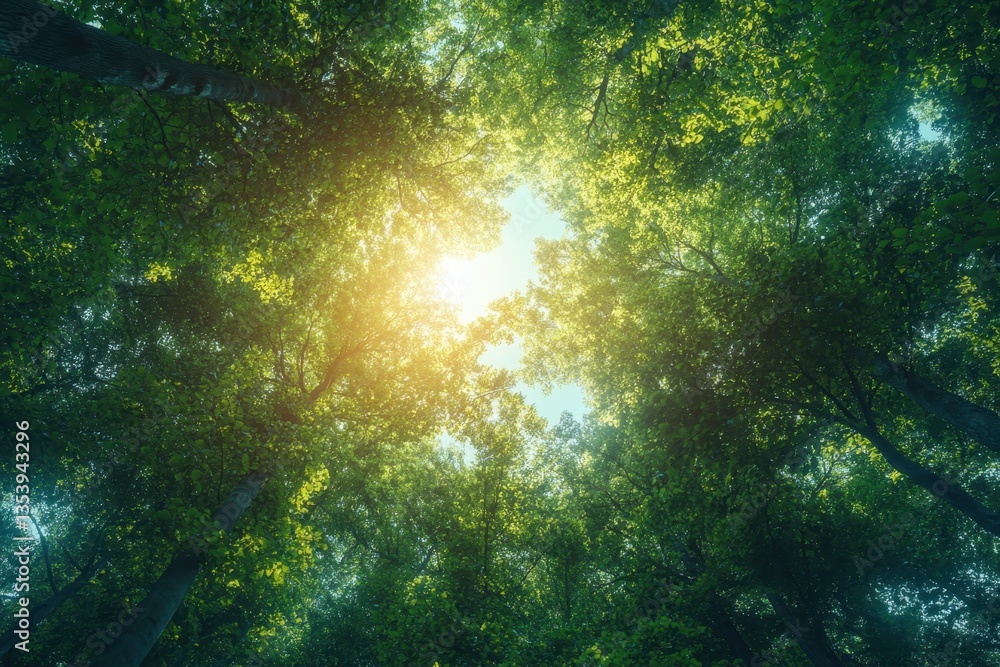 Poster sunlight filtering through a dense forest canopy during a serene afternoon