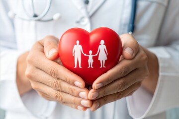 A doctor’s hands gently holding a red heart with a symbolic family figure, representing care and protection. (Family)