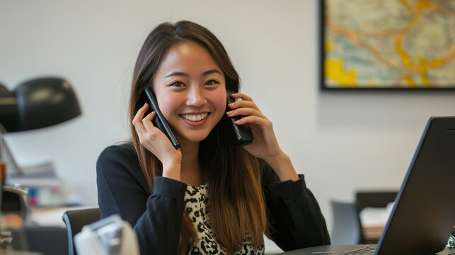 Smiling Business girl working in office with laptop,Happy Asian business woman using phone at modern home studio. young people  with digital tablet devices,contact to customer,banner copy space