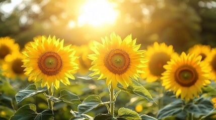 Obraz premium Sunlit sunflowers in a vibrant field at sunset.