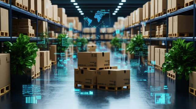 Modern warehouse interior showcasing stacked cardboard boxes, pallet in foreground, and holographic overlay with global data and logistics information displayed