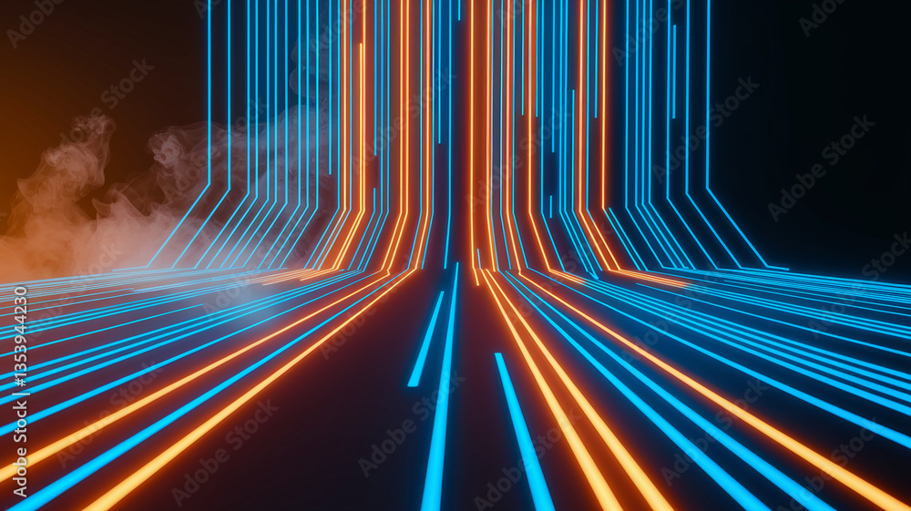 Poster abstract image of blue and orange neon lines converging on a dark background, creating a dynamic and