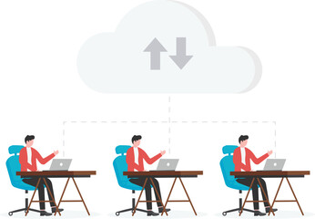 People with gadgets, laptop, keep file in cloud storage service.

