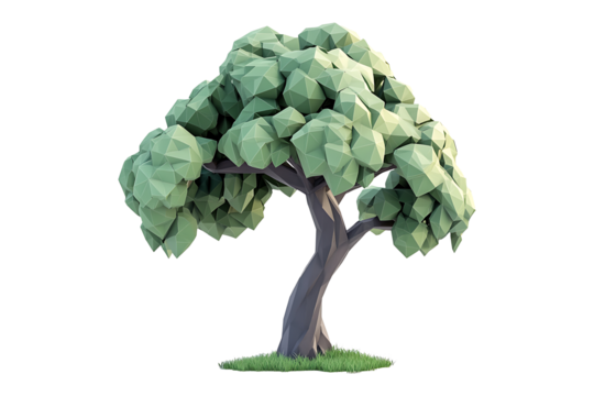 Low poly 3D design of a green tree Isolated on White and Transparent Background PNG Image.