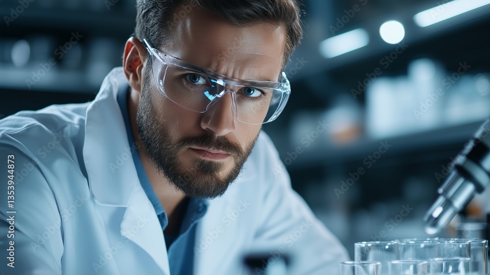 Aufkleber focused scientist in lab coat and goggles examines test tubes beside a microscope in a modern labora