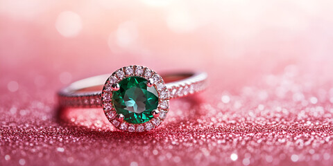  Elegant Emerald Engagement Ring on Sparkling Pink Background