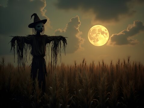 A spooky scarecrow standing in a cornfield under a crescent moon, with open space on the right for a message