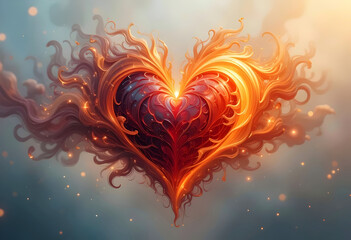 Abstract Glowing Fire Heart Shape Design, Smoke And Fire Sparks, Blurred Background And 3D Style Shine Heart