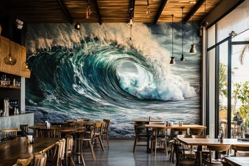 A restaurant with a large mural of waves crashing onto the shore. The mural enhances the ambiance with its calming ocean theme, adding a touch of tranquility and beauty to the space.  
