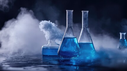 A collection of laboratory flasks filled with blue liquid, suitable for scientific and educational illustrations
