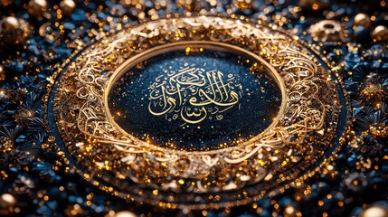Obraz premium Golden Arabic calligraphy art, ornate frame, dark background, festive design, ideal for religious celebrations