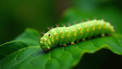 Obraz premium Close-Up of a Vibrant Green Caterpillar Resting on a Leaf