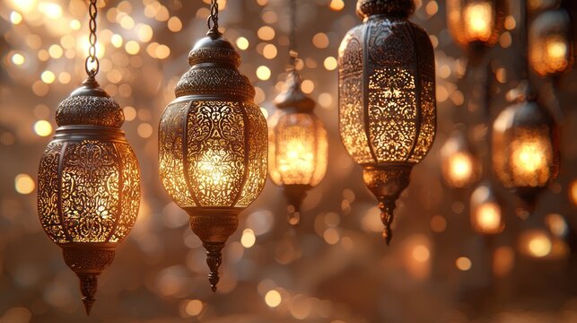 Illuminated lanterns hanging, festive background, celebration, holiday decor, for religious events