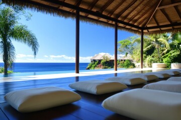 Fototapeta premium Tranquil Remote Island Wellness Retreat Featuring Serene Overwater Bungalows for Ultimate Relaxation