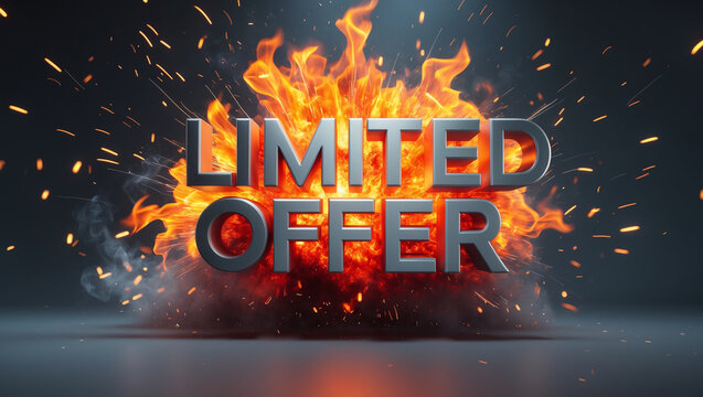 Explosive "LIMITED OFFER" text with fire and smoke effects, creating a bold and high-energy promotional banner for urgent deals, hot sales, and discounts