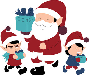 Santa with cheerful elves carrying gifts in a snowy forest