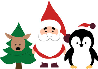 Santa, reindeer, and penguin peeking from the side, Merry Christmas tree design