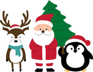 Santa, reindeer, and penguin carrying a Christmas tree