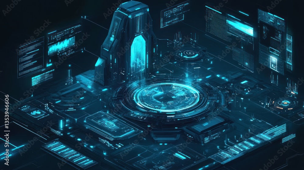Poster advanced cybernetic data center with holographic projection and futuristic interface