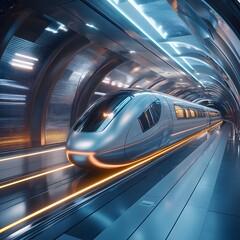 Future Transit: A sleek, futuristic high-speed train speeding through a tunnel, embodying modern transport and technological advancement.