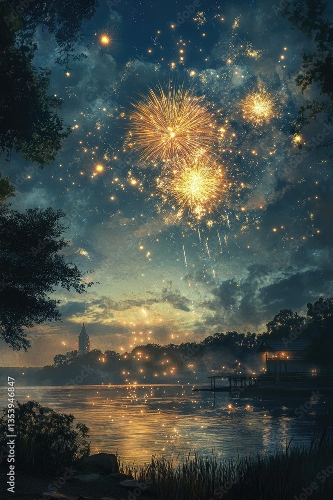 Aufkleber a firework explodes above the calm surface of a lake, creating a colorful display
