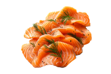 Smoked salmon slices with dill Isolated on White and Transparent Background PNG Image.