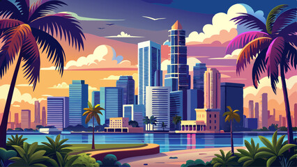 High-rises crowd the downtown Miami skyline along waterfront seen through palm tress in South Florida, United States © ehsanollah