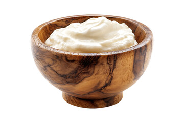 Sour Cream in wooden bowl Isolated on White and Transparent Background PNG Image.