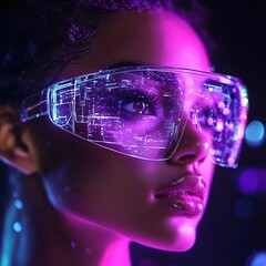 Visionary in Tech: A stunning woman, adorned with futuristic, holographic glasses, gazes into a world of digital possibilities, illuminated by vibrant neon lights. A glimpse into the future.