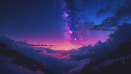 Fototapeta premium A mesmerizing night sky with the Milky Way shining above the horizon, surrounded by clouds and illuminated by a stunning sunset. Perfect for astrophotography, travel, and dreamlike landscapes