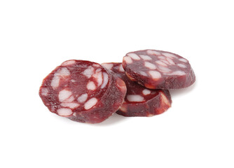 Pieces of delicious dry cured sausage isolated on white