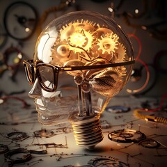 Illumination of Ideas: A conceptual image of a lightbulb shaped like a human head, filled with intricate gears, symbolizing the mechanisms of thought, innovation, and the birth of ideas.