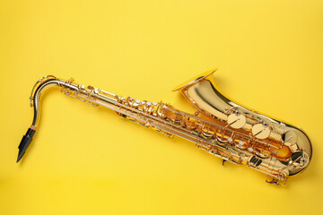 Jazz. One saxophone on yellow background, top view
