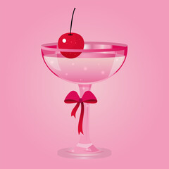 Cocktail illustration. Pink drink . Coquette style . 
