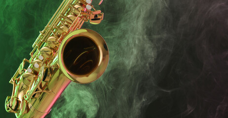 Golden saxophone on dark background with green light and smoke, closeup. Space for text