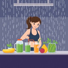 Woman making healthy smoothies in kitchen.