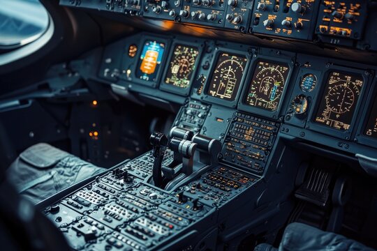 Piloting equipment and instruments featured in a commercial airliner's control room