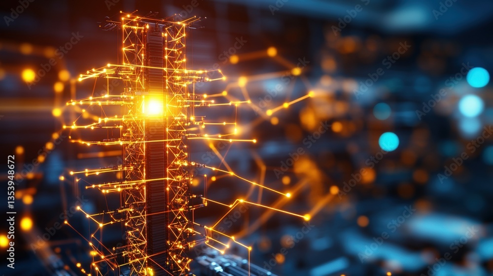 Poster glowing abstract digital structure resembling circuit board interconnected by bright orange lines on